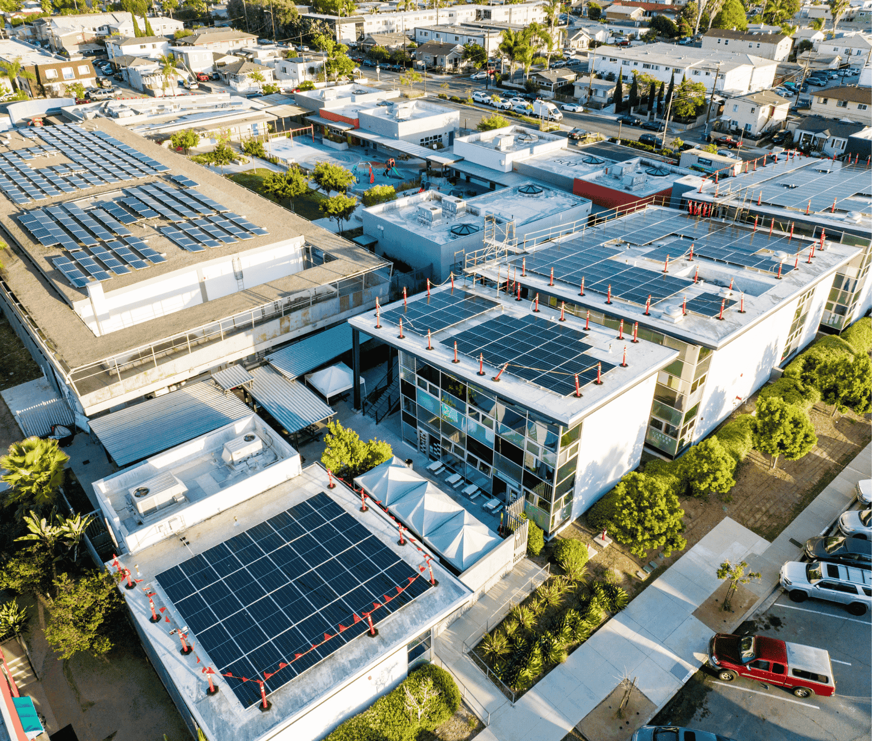 Aerial view of a completed commercial solar rooftop installation