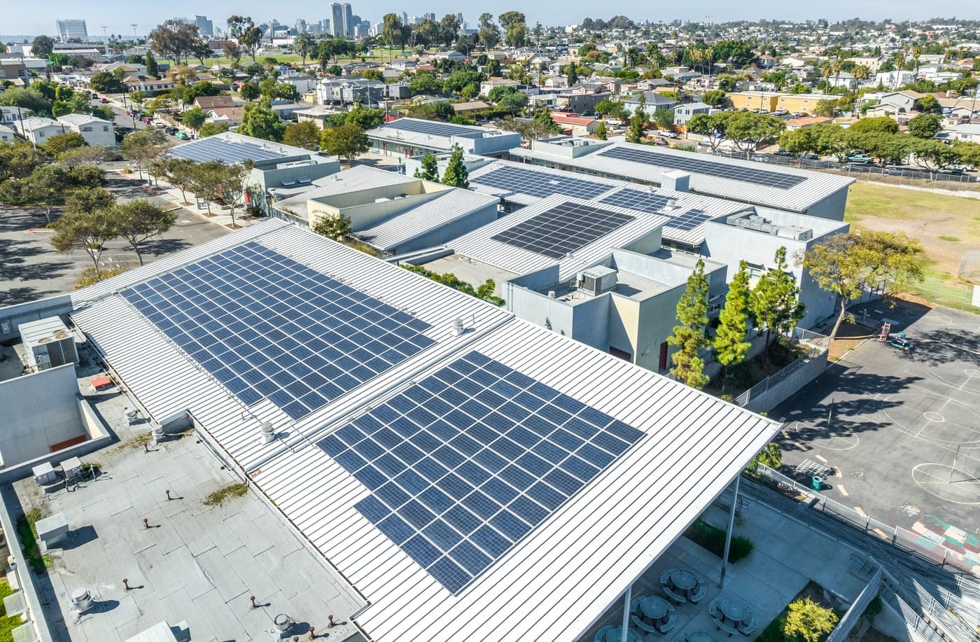 Rooftop solar array on a school building