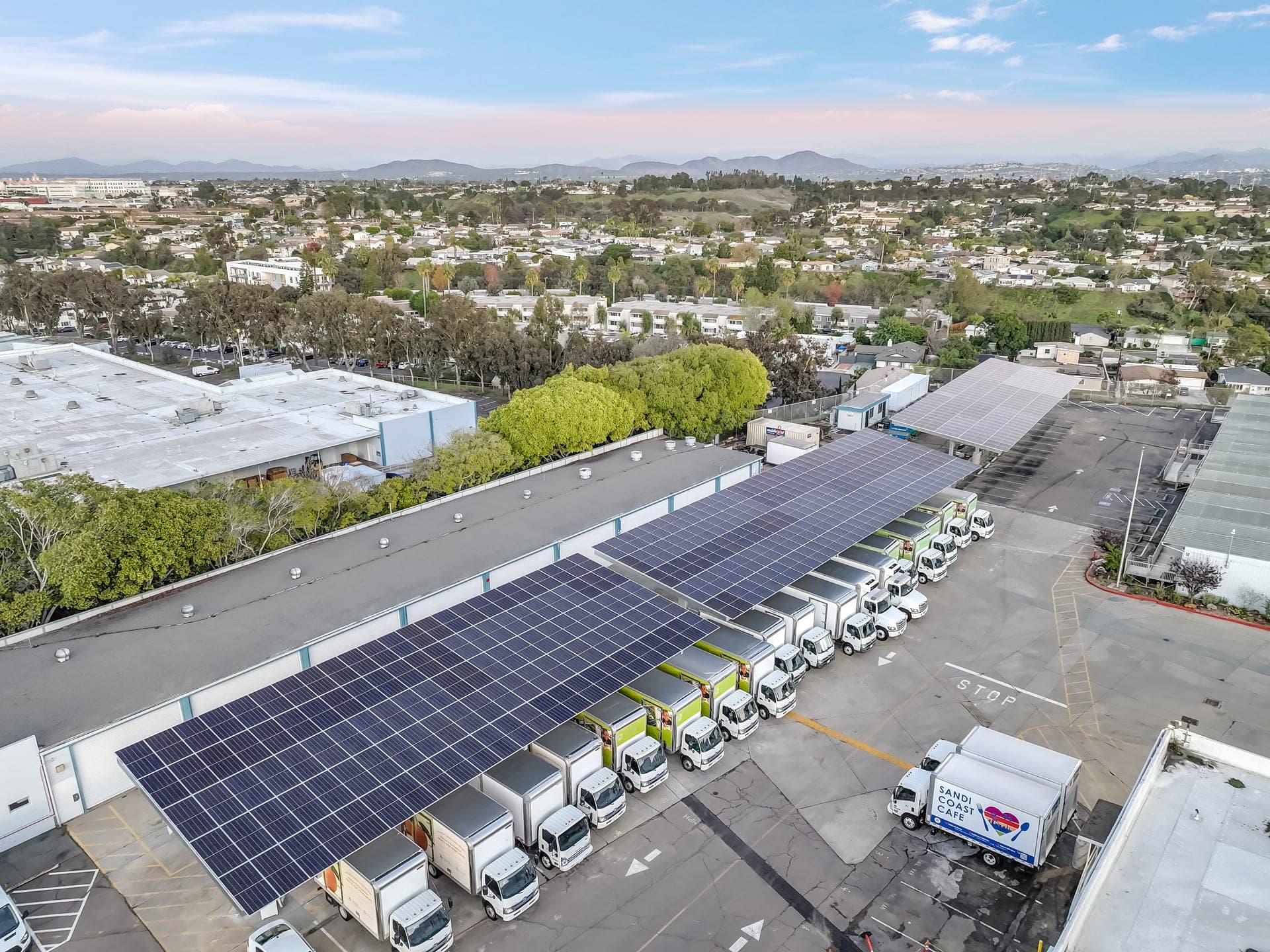 Large-scale solar array on a warehouse rooftop