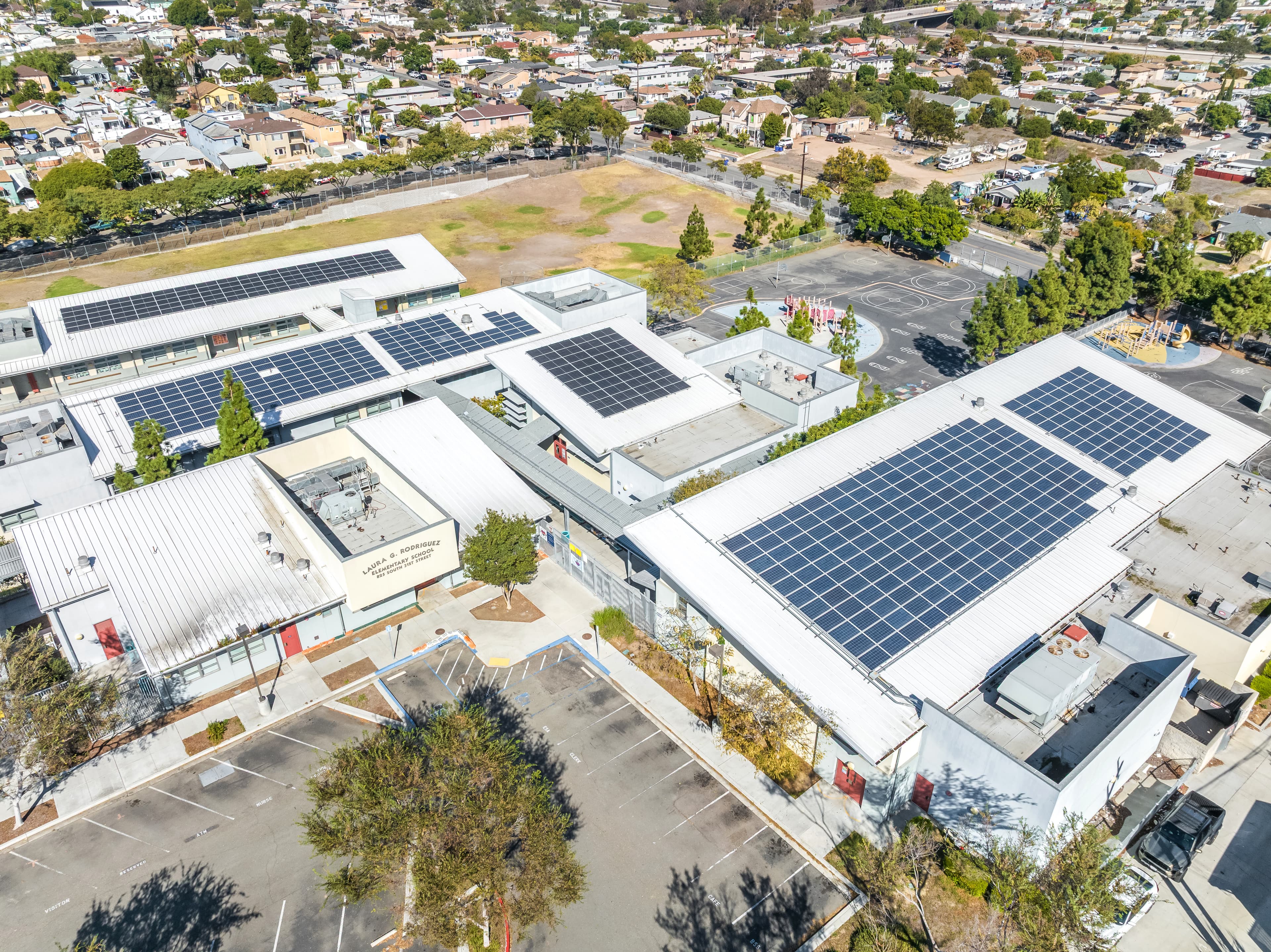 Solar panels on a commercial rooftop
